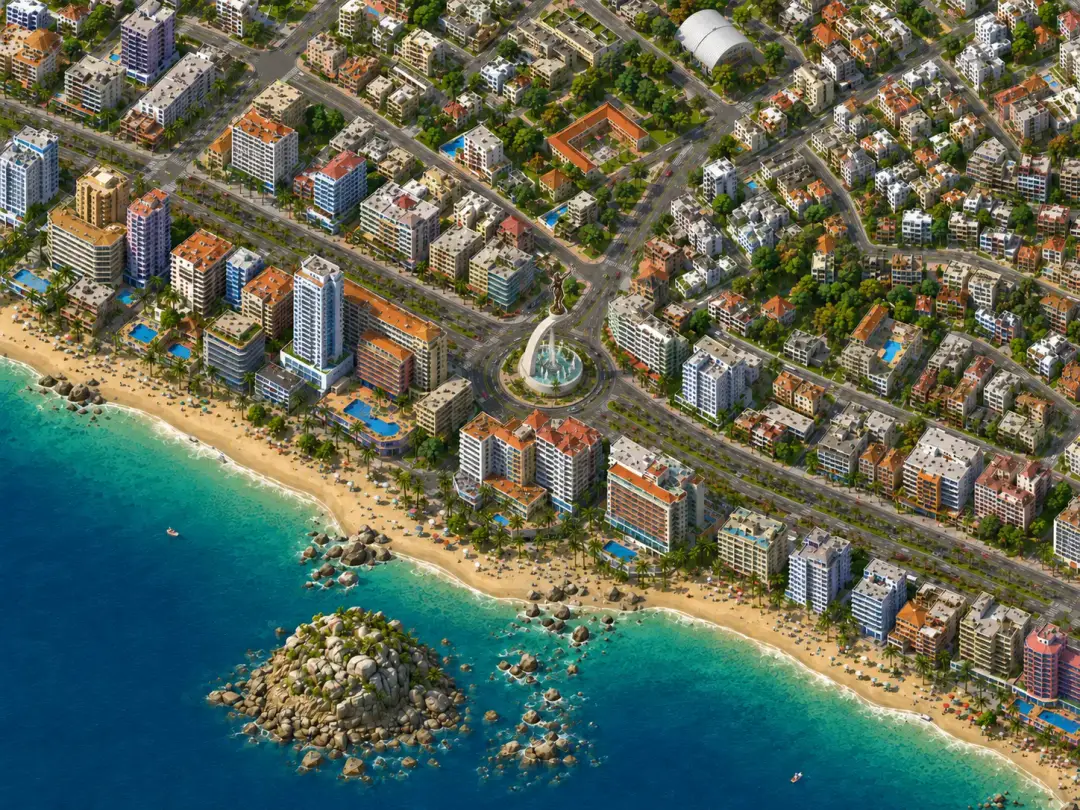 Ilustración isométrica de la glorieta de la Diana y la costera de Acapulco
