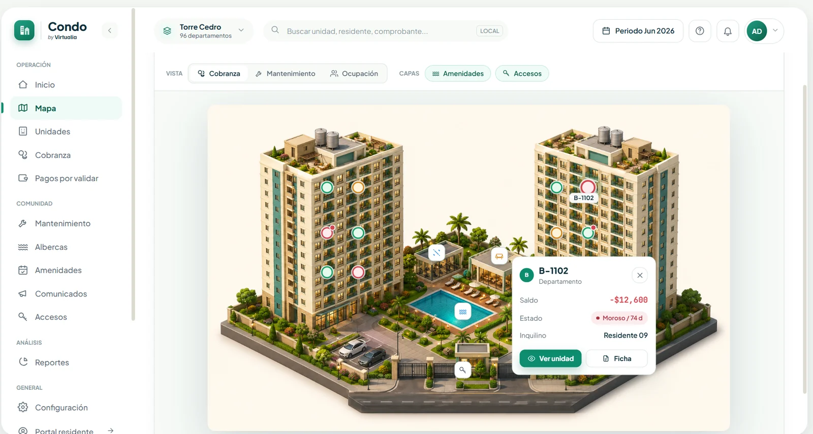 Mapa operativo de Virtualia Condo con estado de cobranza por unidad